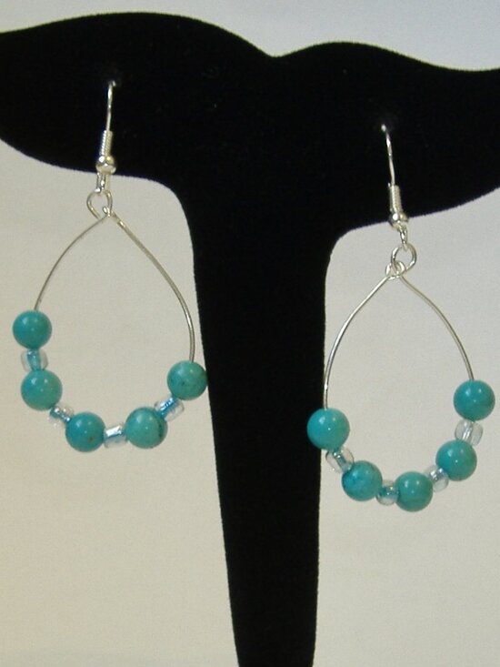 Hand Crafted Jewelry - Turquoise Blue Hoop Earrings Beaded Silver Tone Metal Handmade Pierced OOAK New